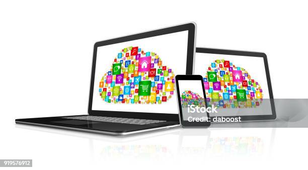 Cloud Computing Symbol In Electronic Devices Stock Photo - Download Image Now - Digital Tablet, White Background, Laptop