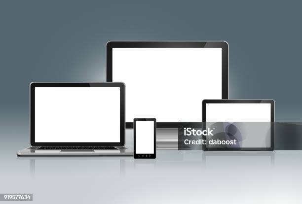 High Tech Computer Eingestellt Auf Einem Futuristischen Grauen Hintergrund Stockfoto und mehr Bilder von Tablet PC