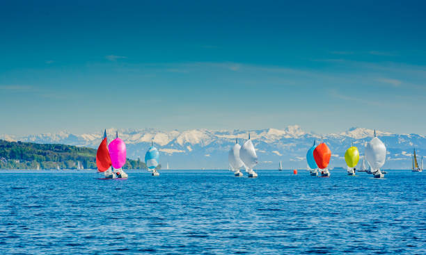 sailboats in chinook wind lake constance appears to be a mountain lake. bodensee stock pictures, royalty-free photos & images