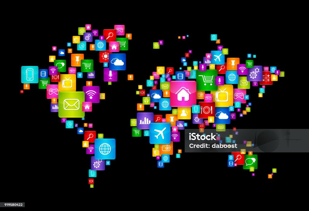 World Map made of Flying Desktop Icons World Map made of Flying Desktop Icons. Cloud Computing concept Applying Stock Photo