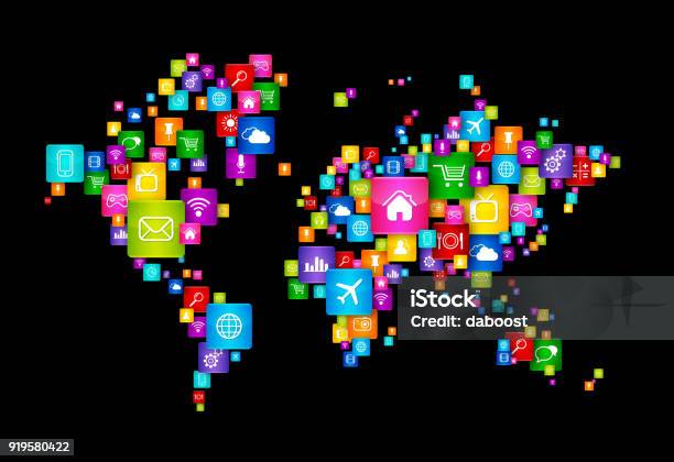 World Map Made Of Flying Desktop Icons Stock Photo - Download Image Now - Applying, Business, Cloud Computing