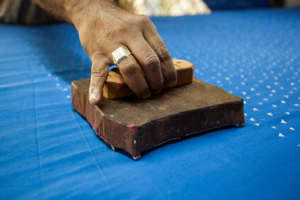 Bangalore, India - August 17, 2015: Traditional hand block printing textile in India.