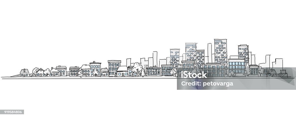 Urban Landscape Hand Drawing With City Skyline Background Stock  Illustration - Download Image Now - iStock