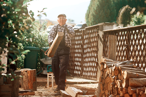 lifestyle shot of senior man in the garden cutting logs and working in autumn day.