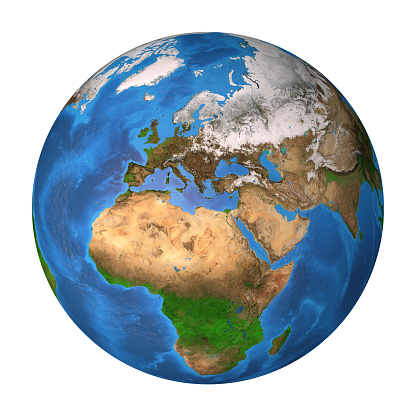 Realistic satellite view of planet Earth in high resolution, focused on Europe, Africa and Asia. 3D illustration (composed with Blender software), isolated on white. Elements of this image furnished by NASA (http://eoimages.gsfc.nasa.gov/images/imagerecords/73000/73655/world.topo.bathy.200404.3x5400x2700.jpg)