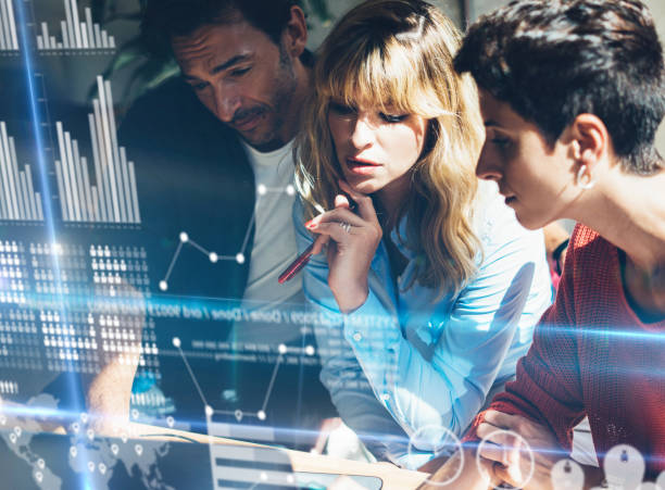 istock Young Business team making discussing at office.Concept of digital diagram,graph interfaces,virtual screen,connections icon.Horizontal,blurred background. 919607748