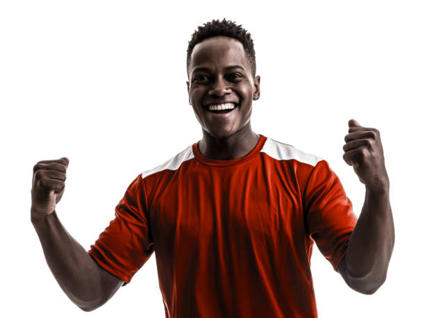 istock Fan / Sport Player on red uniform celebrating on white background 919608166