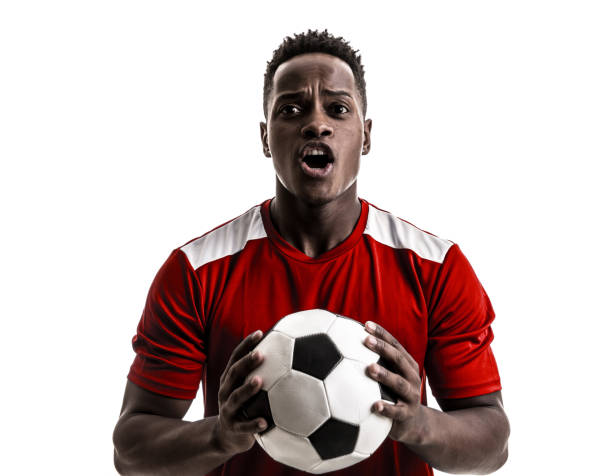 istock Fan / Sport Player on red uniform celebrating on white background 919608168