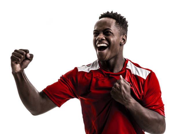 Fan / Sport Player on red uniform celebrating on white background