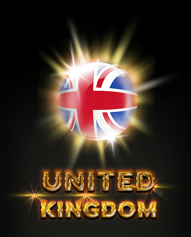 United Kingdom exploding button with british flag and name on black