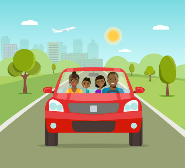 ilustraciones, imágenes clip art, dibujos animados e iconos de stock de familia americana afro divertida conducir en coche rojo de vacaciones de fin de semana. ilustración plana vector - family in car
