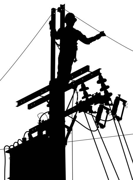 ilustrações, clipart, desenhos animados e ícones de silhueta de trabalhador de utilitário de electricidade - engenheiro de manutenção
