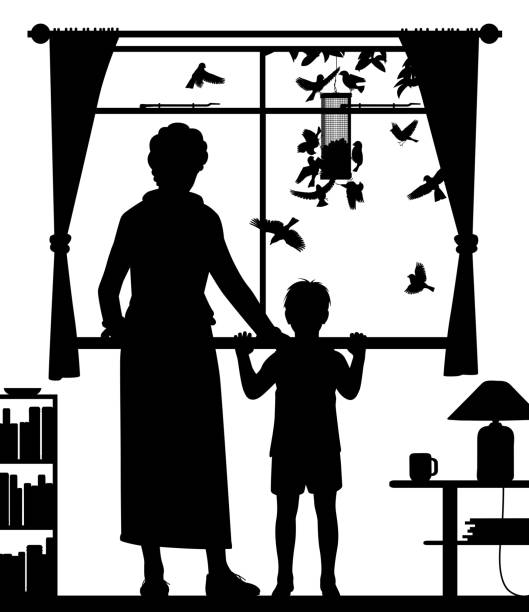 女性と鳥を見ている子供 - bird feeder illustrations点のイラスト素材／クリップアート素材／マンガ素材／アイコン素材
