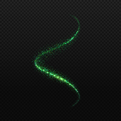 Vector star dust spiral Glittering confetti spiral on black background. Green magic sparkles and stars.