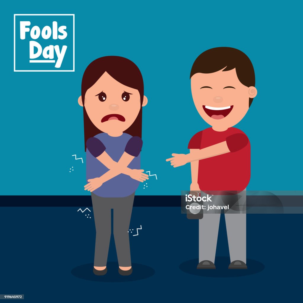 happy man prank a woman fools day happy man prank a woman fools day vector illustration Adult stock vector