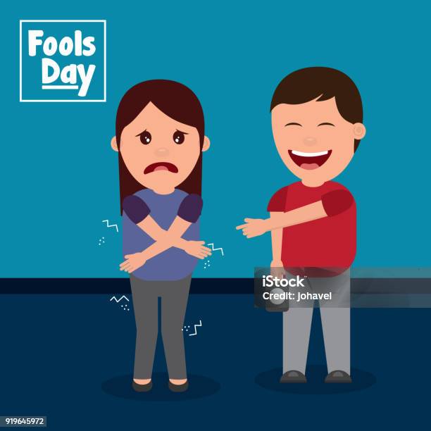 Happy Man Prank A Woman Fools Day Stock Illustration - Download Image Now - Adult, Adults Only, Bed - Furniture