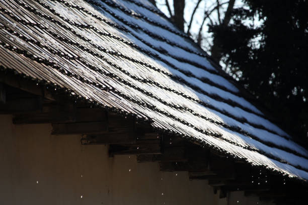 겨울에 지붕에 눈이 녹는 스톡 사진