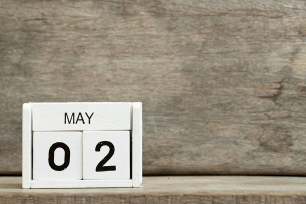 istock White block calendar present date 2 and month May on wood background 919659576