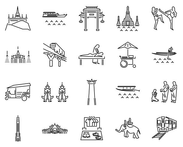 ilustrações de stock, clip art, desenhos animados e ícones de bangkok thailand icons line sets. symbol of wat pho,grand palace,chatuchak market,boat trip,chao phraya river,thai massage,chinatown,street food,wat ben,maeklong railway market,tuk tuk,giant swing,phu kao thong - jinrikisha thailand tuk transportation