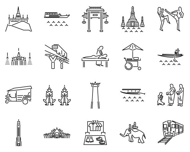 бангкок таиланд иконы линии наборов. символ ват пхо, большой дворец, рынок чатучак, поездка на лодке, река чао прайя, тайский массаж, чайната� - bangkok thailand rickshaw grand palace stock illustrations