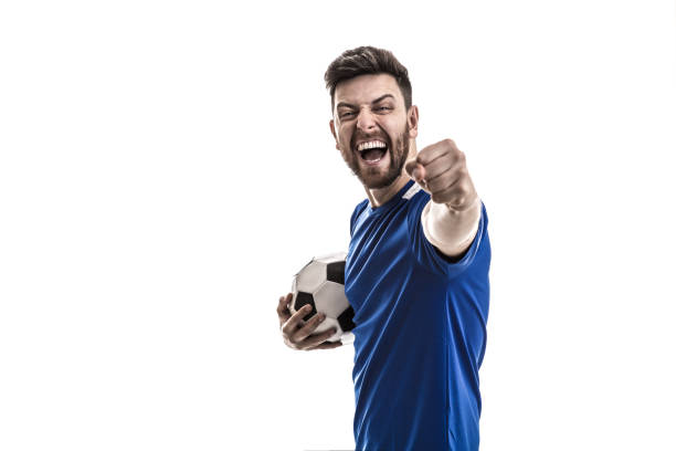 istock Fan / Sport Player on blue uniform celebrating 919666114