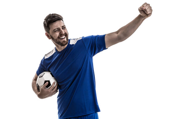 istock Fan / Sport Player on blue uniform celebrating 919666122