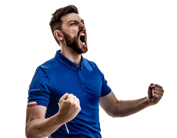 istock Fan / Sport Player on blue uniform celebrating 919666148