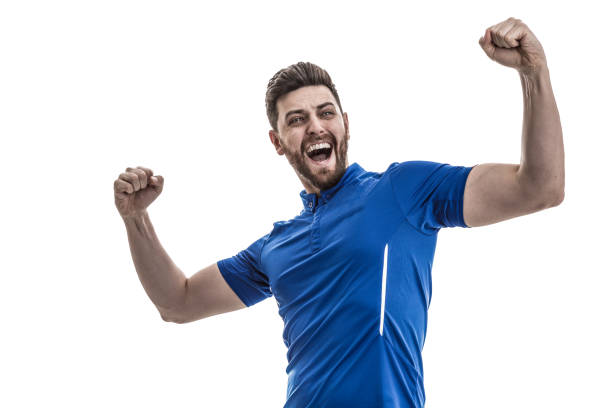 istock Fan / Sport Player on blue uniform celebrating 919666154