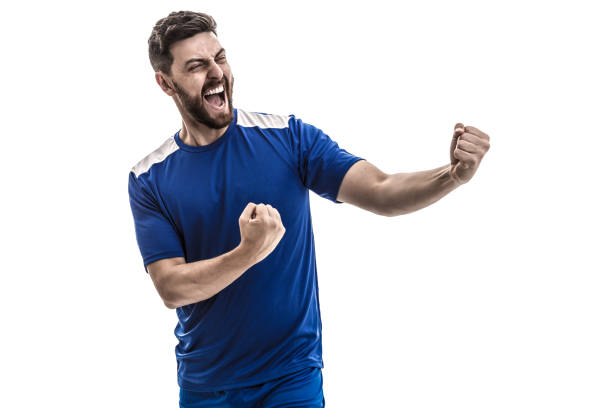 istock Fan / Sport Player on blue uniform celebrating 919666158