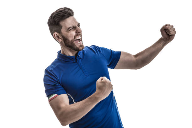 istock Fan / Sport Player on blue uniform celebrating 919666160