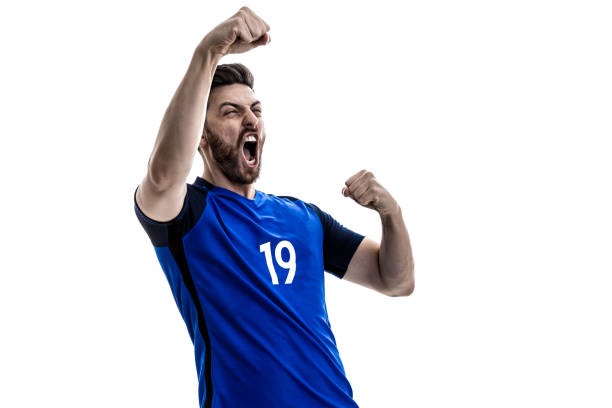 istock Fan / Sport Player on blue uniform celebrating 919666182
