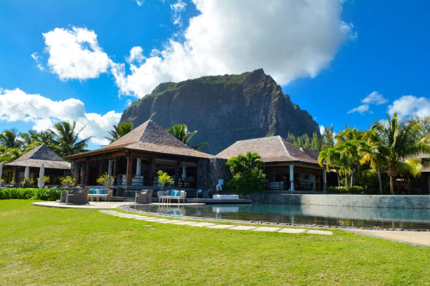 Landscape with famous mountain Le Morne Brabant stock photo