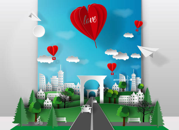3d ilustracja papieru wyciąć miasto z drzewami, domy, wieżowce, samochody i most, napis balon miłości. styl sztuki papierowej. - heart shape grass paper green stock illustrations