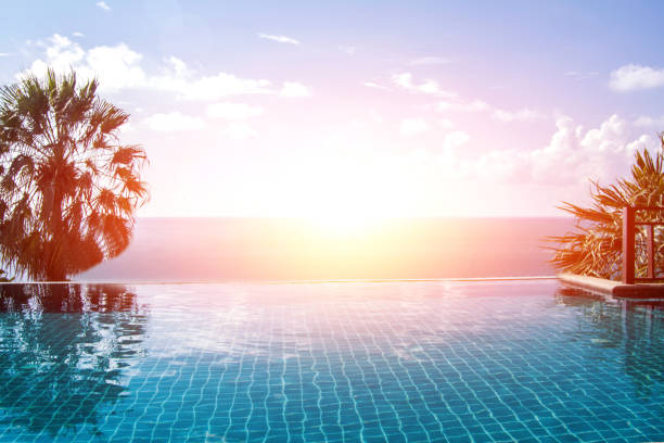 istock Swimming pool looking at blue sea view and blue sky background 919700746