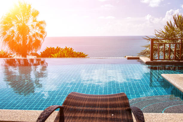 istock Swimming pool looking at blue sea view and blue sky background 919701256