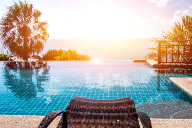 istock Swimming pool looking at blue sea view and blue sky background 919701292