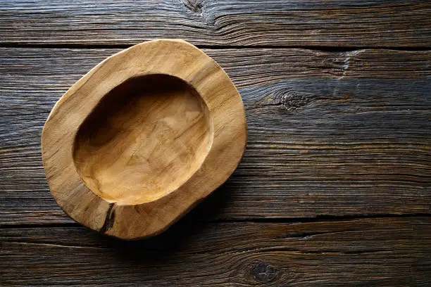 Wooden manual dish bowl on wood table background
