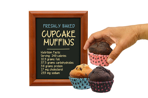 Hand holding baked cooks in front of  Cupcake Muffin Nutrition Facts sign white background
