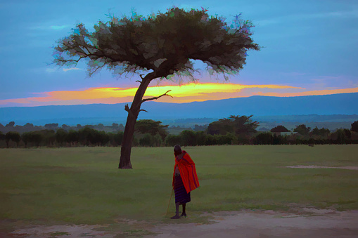 African Masai Warrior at Sunrise with Acacia Tree with tone separation filter (posterize filter)