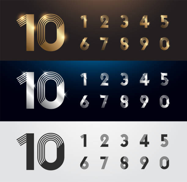금속 숫자의 집합입니다. 은색, 금색과 �검은색 숫자를 벡터. 1, 2, 3, 4, 5, 6, 7, 8, 9, 10. 알파벳 글꼴 빛나는 텍스트 효과. 벡터 일러스트 레이 션 - tenths stock illustrations