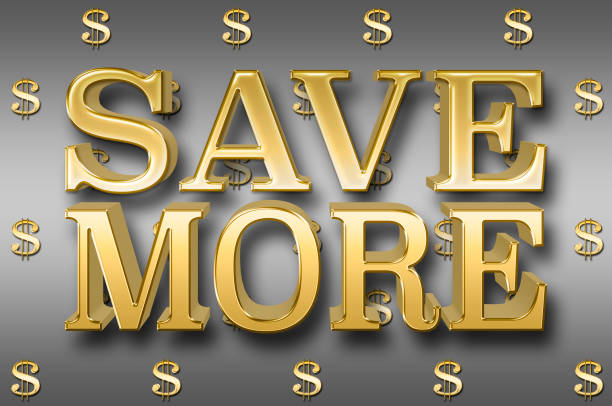 Big Golden Text Save More, 3D Illustration., Against a Gradient Silver Background.