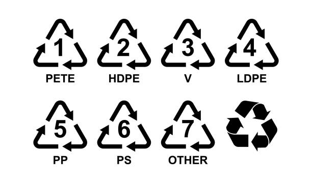 ilustrações, clipart, desenhos animados e ícones de diferentes tipos de símbolos de reciclagem de material plástico - pvc