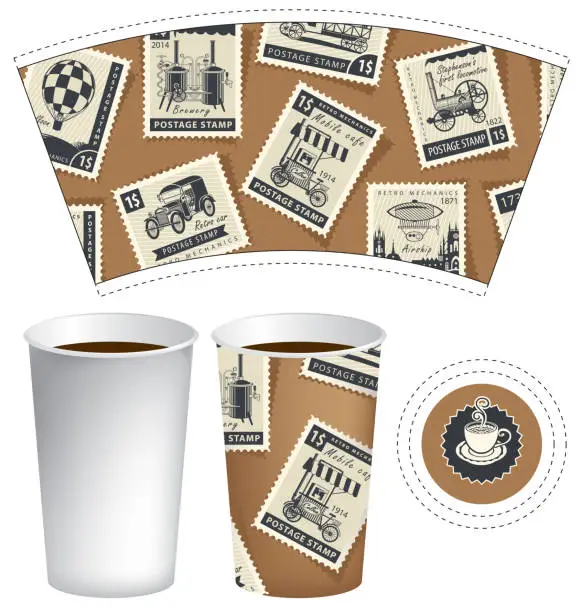 Vector illustration of paper cup for hot drink with postage stamps