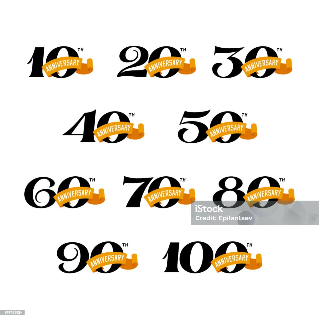 Set of anniversary signs from 10 to 100. Set of anniversary signs from 10 to 100. Numbers on a white background. Stock vector signs design elements. 10th Anniversary stock vector