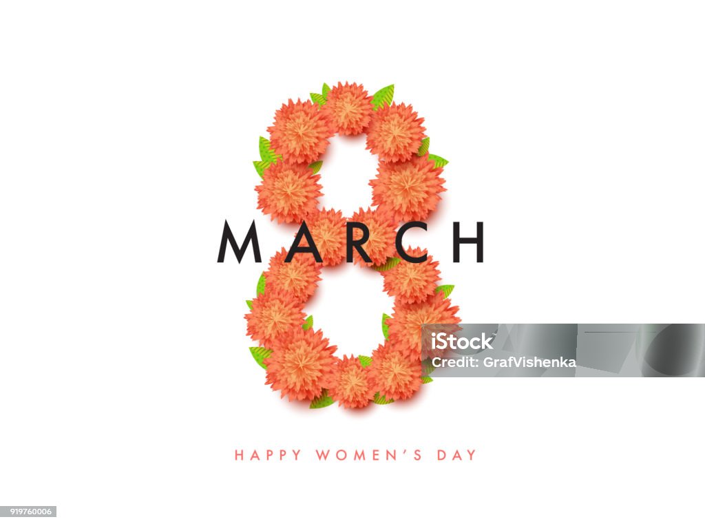 8 of March floral vector background design. Happy women day holi 8 of March floral vector background design. Happy women day holiday banner layout. Greeting letter or postcard element with flower eight symbol and leaves. Party or event headline template with text. March - Month stock vector
