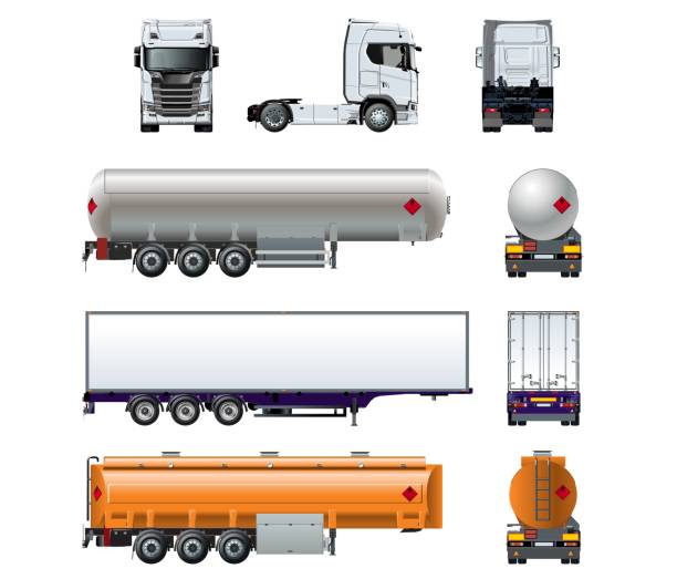 vektor realistische halb lkw-mock-up set isoliert auf weiss - truck semi truck vehicle trailer rear view stock-grafiken, -clipart, -cartoons und -symbole