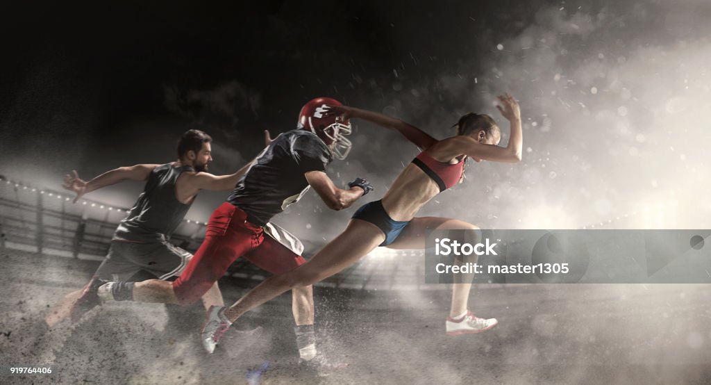 Multi sports collage about basketball, American football players and fit running woman Irresistible in attack. Multi sports collage about basketball, American football players and fit running woman. Conceptual photo with running athletes in motion or movement at stadium with sand, smoke Sport Stock Photo