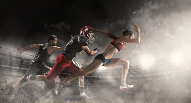 Multi sports collage about basketball, American football players and fit running woman Irresistible in attack. Multi sports collage about basketball, American football players and fit running woman. Conceptual photo with running athletes in motion or movement at stadium with sand, smoke athlete stock pictures, royalty-free photos & images