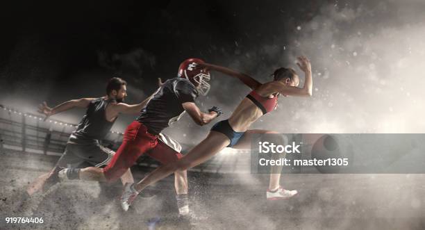 Multi Sports Collage About Basketball American Football Players And Fit Running Woman Stock Photo - Download Image Now