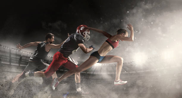 fotografii de stoc, fotografii și imagini scutite de redevențe cu multi colaj de sport despre baschet, jucători de fotbal americani și se potrivesc rulează femeie - attack sporting position
